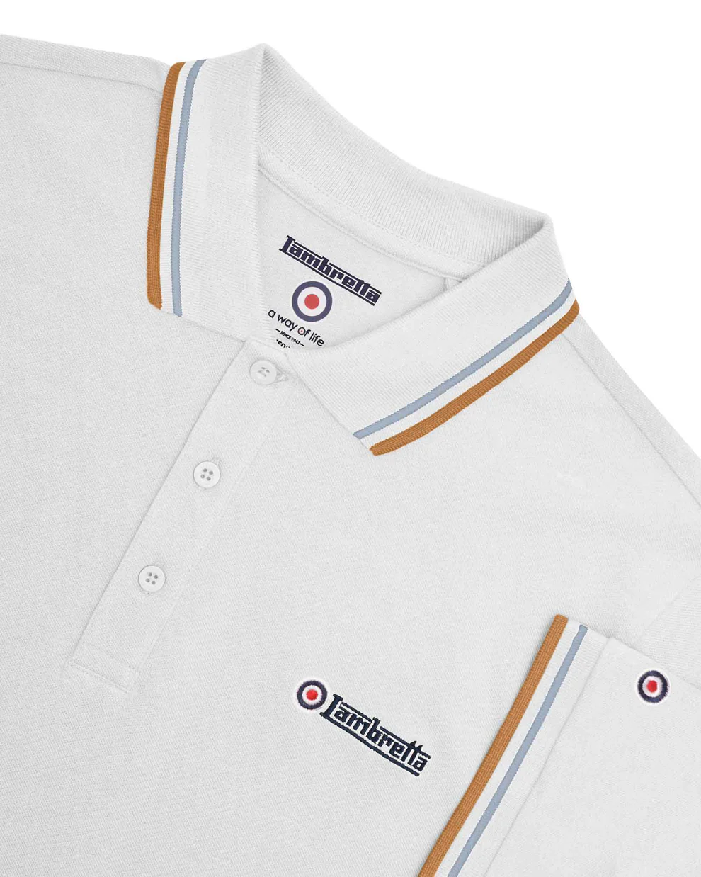 Lambretta Twin Tipped Piqué Polo White/Sky/Tobacco