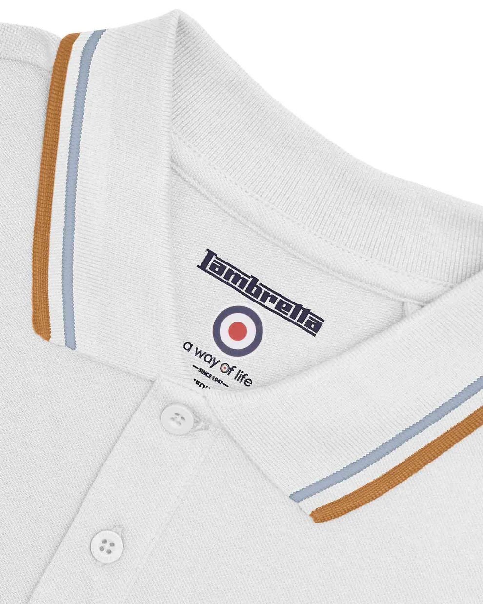 Lambretta Twin Tipped Piqué Polo White/Sky/Tobacco